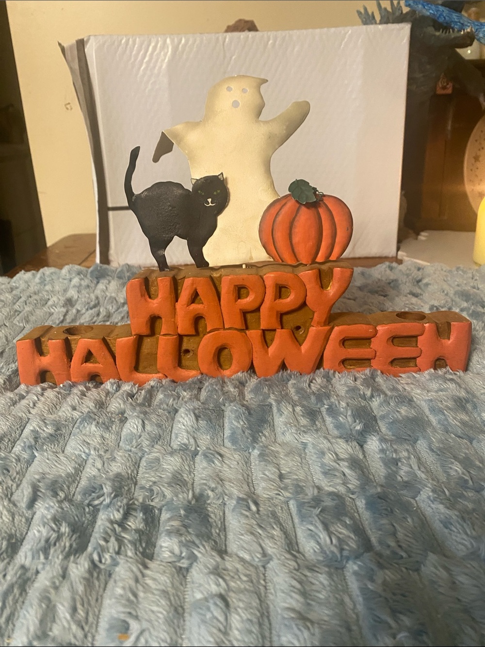 Vintage 90s Folk Art Wood Halloween Candle Holder Sign Ghost Cat Pumpkin